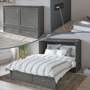 AFI Hamilton Full Solid Wood Murphy Bed Chest with 6 Mattress, Drawer & Charger, Grey