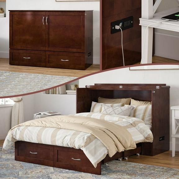 AFI Hamilton Full Solid Wood Murphy Bed Chest with 6" Mattress, Drawer & Charger, Walnut