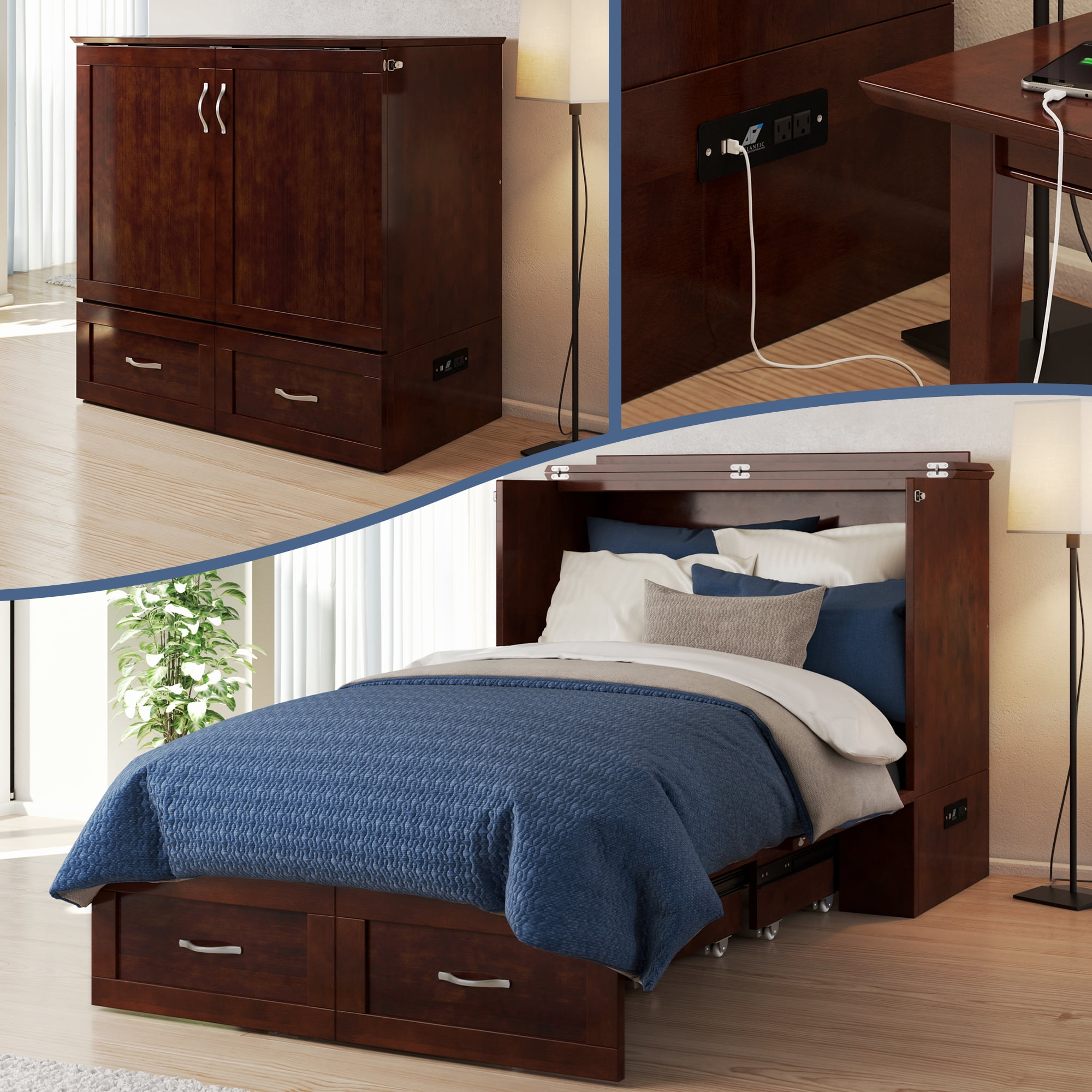 AFI Hamilton Twin-XL Wood Murphy Bed Chest with 6" Mattress, Drawer & Charger, Walnut