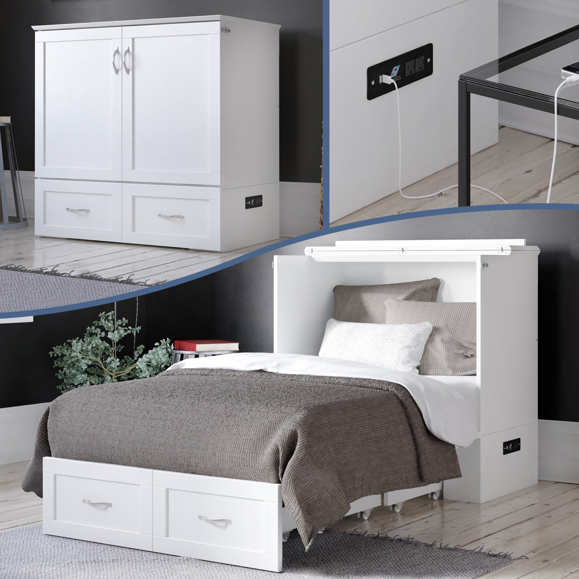 AFI Hamilton Twin-XL Wood Murphy Bed Chest with 6" Mattress, Drawer & Charger, White