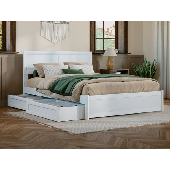 AFI Lylah Full Solid Wood Platform Bed with Panel Footboard and Storage Drawers, White