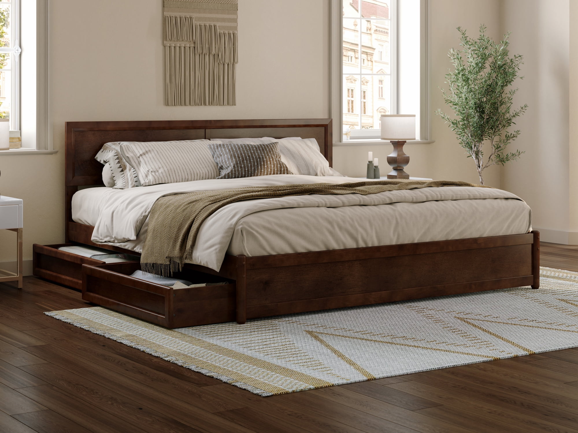Lylah Dark Walnut King Platform Bed with Storage Drawers
