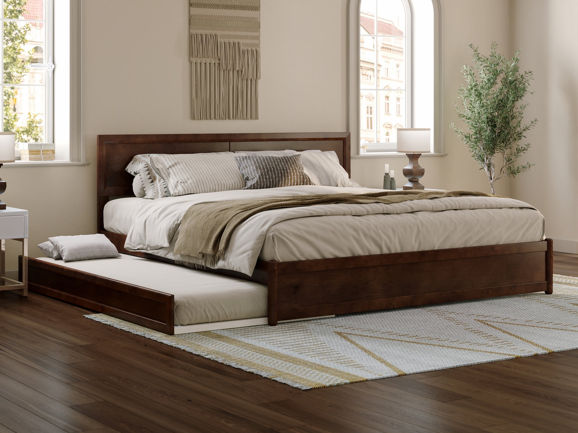 Walnut King Solid Wood Platform Bed with Trundle