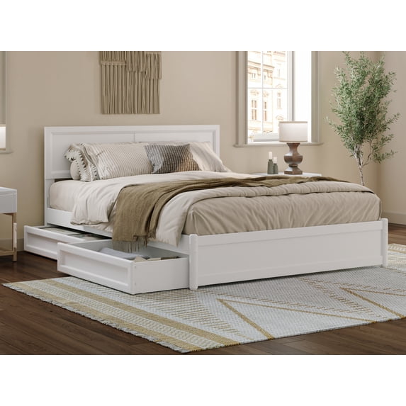 AFI Lylah Queen Solid Wood Platform Bed with Panel Footboard and Storage Drawers, White