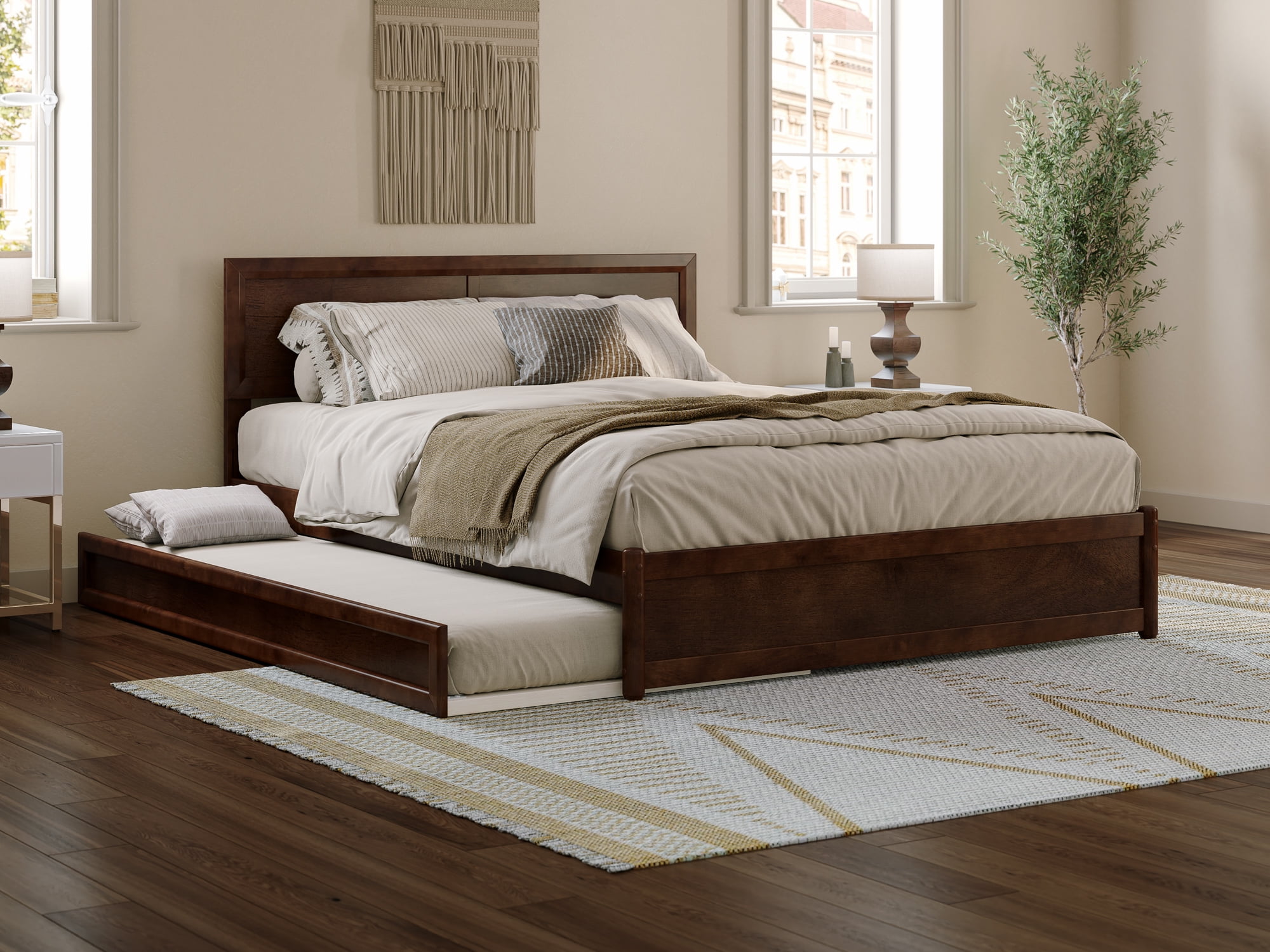 Lylah Queen Walnut Wood Platform Bed with Trundle