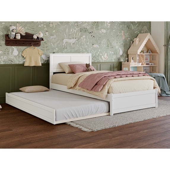 AFI Lylah Twin Solid Wood Platform Bed with Panel Footboard and Twin Trundle, White