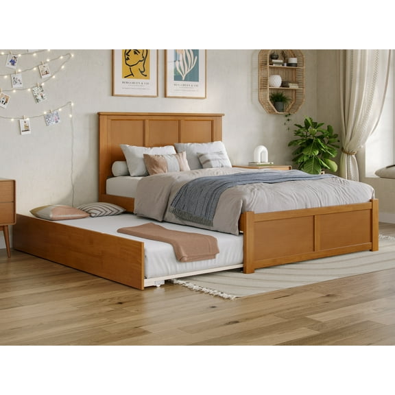 AFI Madison Full Wood Platform Bed with Footboard and Full Trundle, Light Toffee