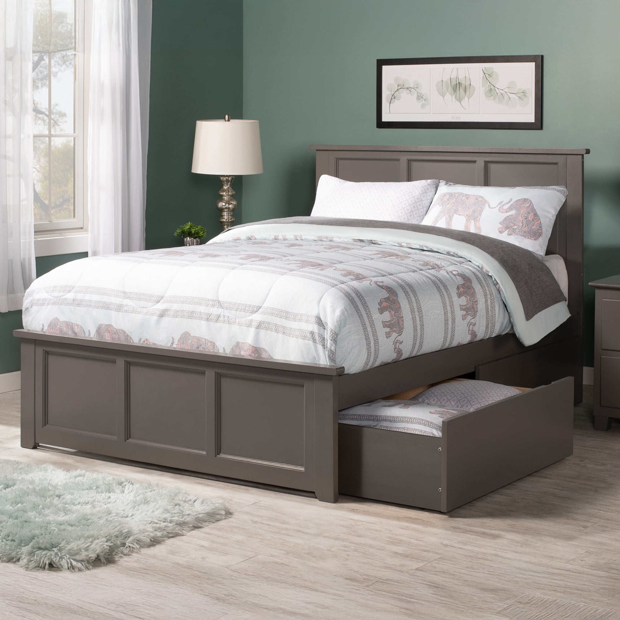 AFI Madison Full Wood Platform Bed with Matching Footboard & Storage Drawers, Grey