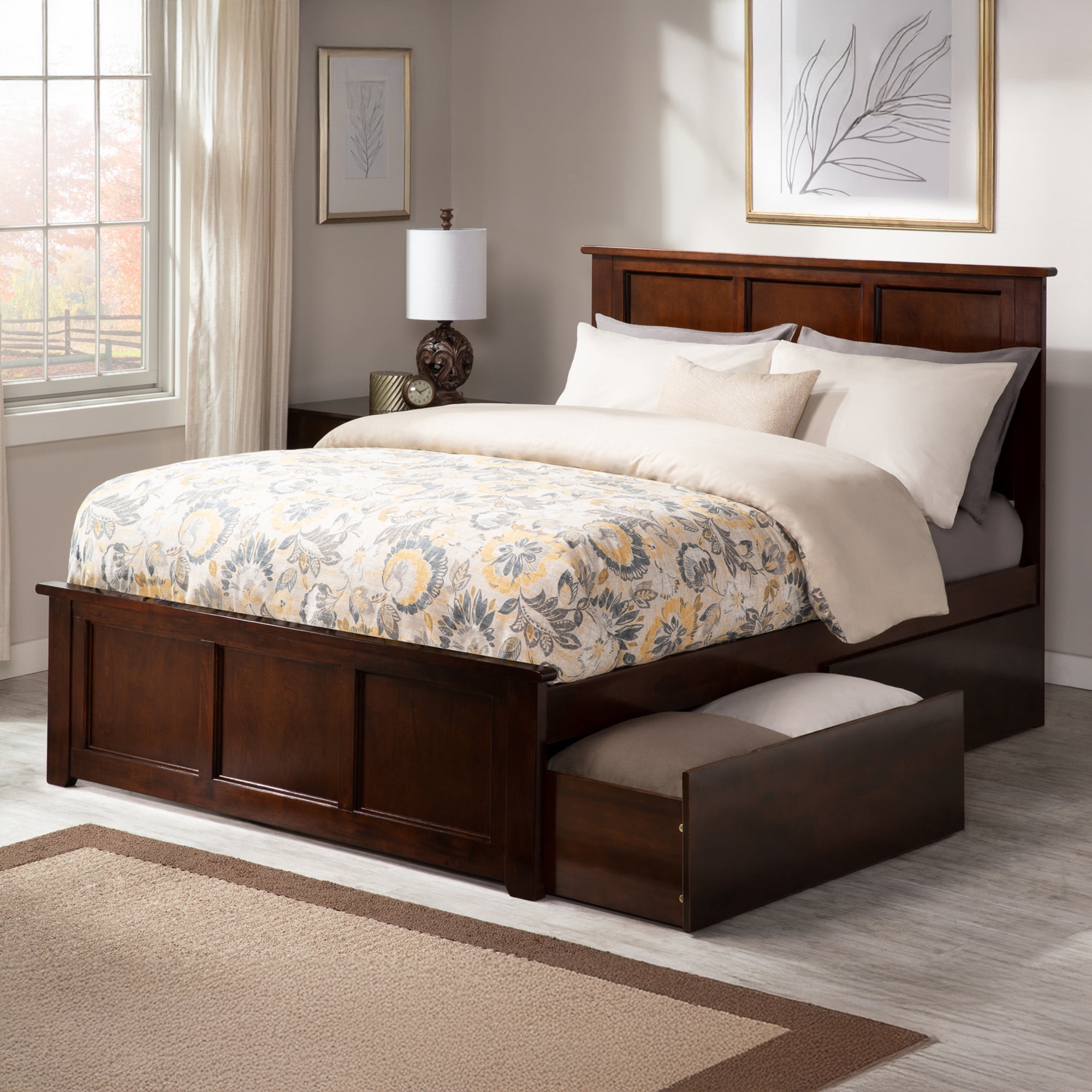 AFI Madison Full Wood Platform Bed with Matching Footboard & Storage Drawers, Walnut