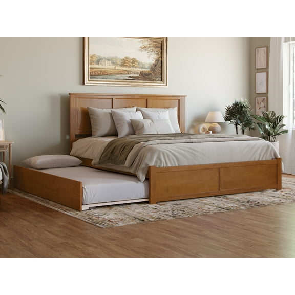 AFI Madison King Wood Platform Bed with Footboard and Twin XL Trundle, Light Toffee