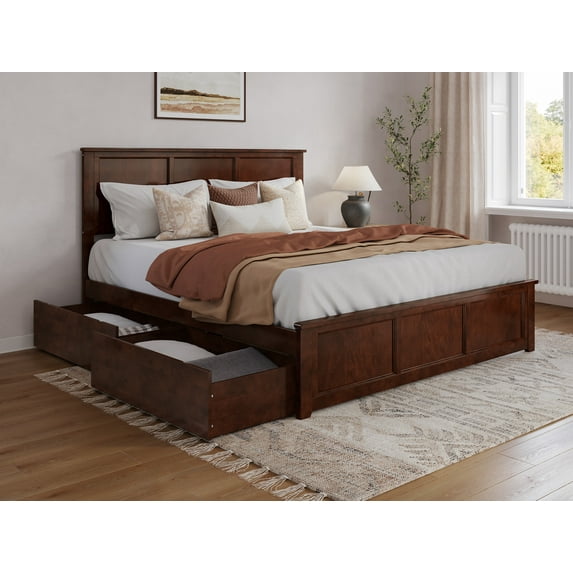 AFI Madison King Wood Platform Bed with Matching Footboard and Storage Drawers, Walnut