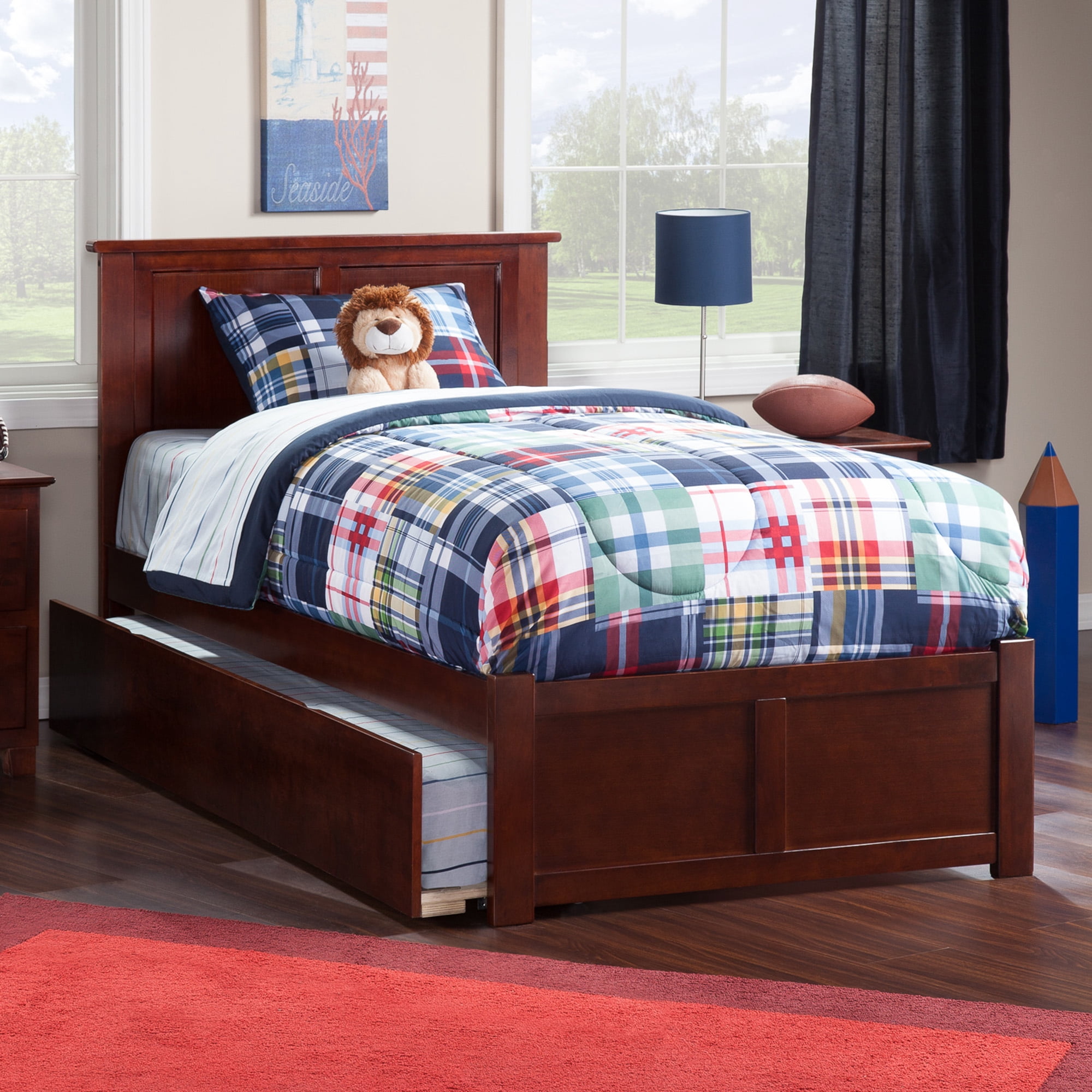 AFI Madison Twin Solid Wood Platform Bed with Footboard & Twin Trundle, Walnut