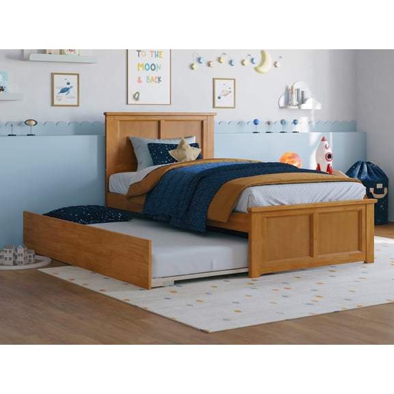 AFI Madison Twin Wood Platform Bed with Matching Footboard and Twin Trundle, Light Toffee