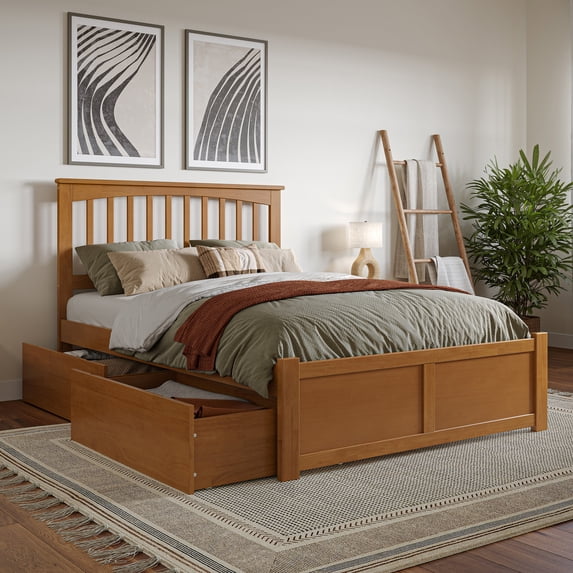 AFI Mission Full Wood Platform Bed with Footboard and Storage Drawers, Light Toffee