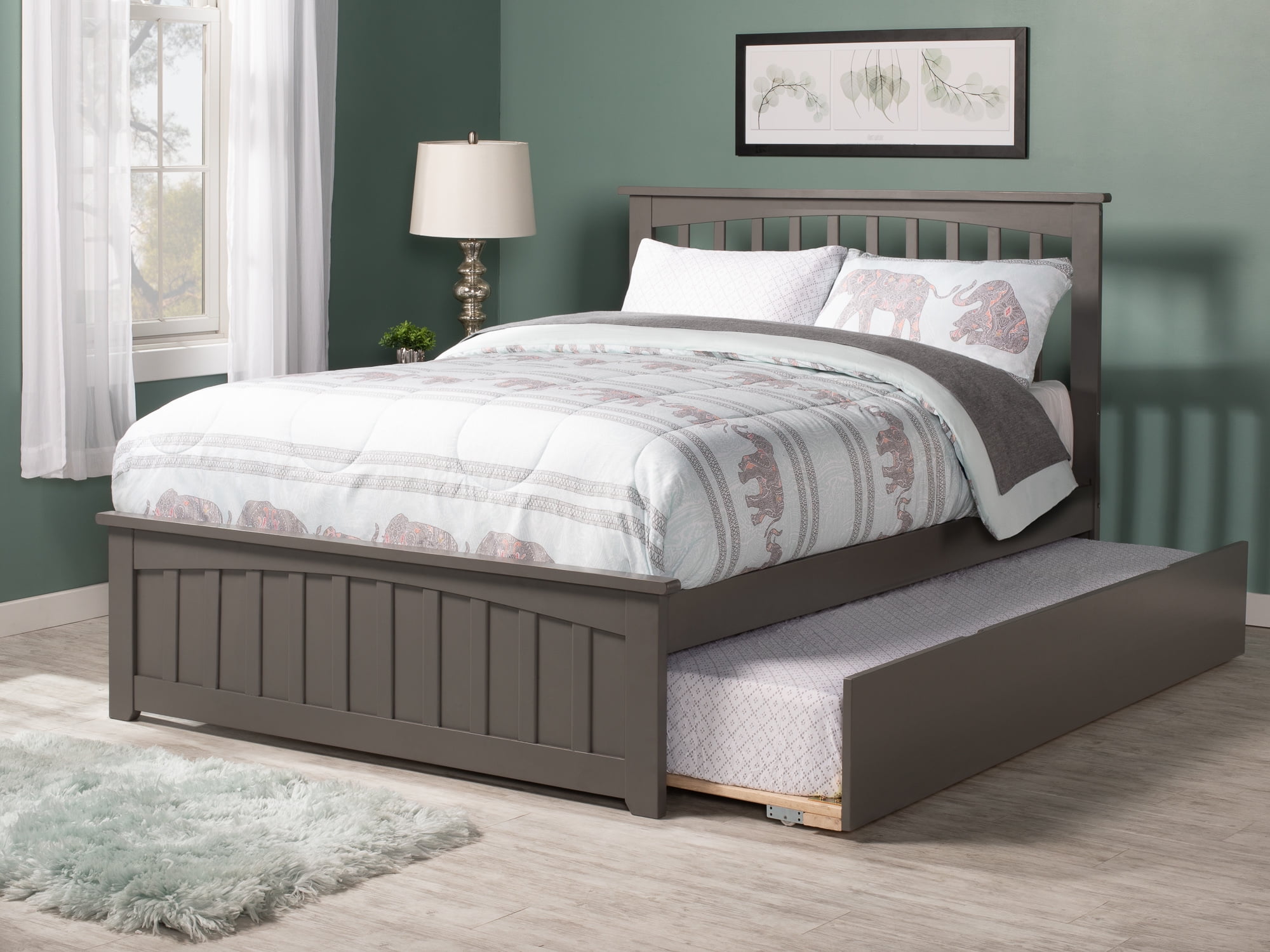 AFI Mission Queen Platform Bed with Wood Headboard Footboard & Twin XL Trundle, Grey