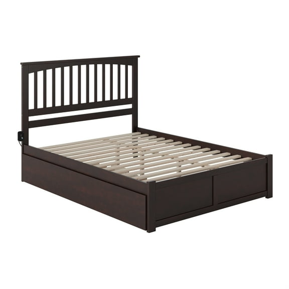 Mission Queen Wood Platform Bed with Footboard and Twin XL Trundle in Espresso