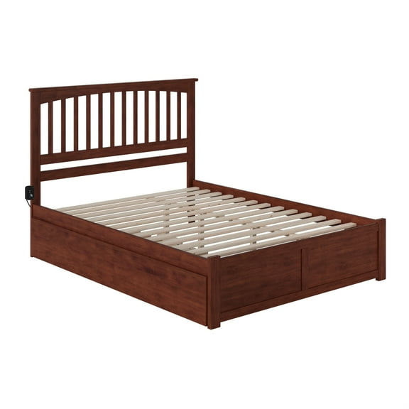 Mission Queen Wood Platform Bed with Footboard and Twin XL Trundle in Walnut