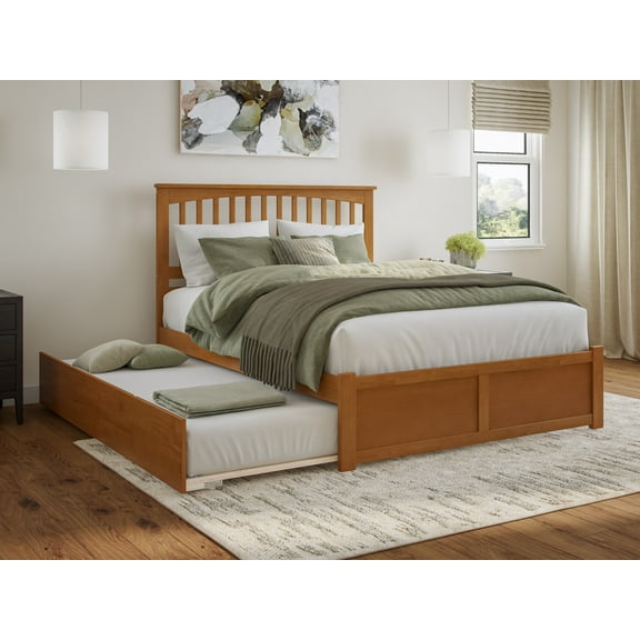 AFI Mission Queen Wood Platform Bed with Footboard and Twin XL Trundle, Light Toffee