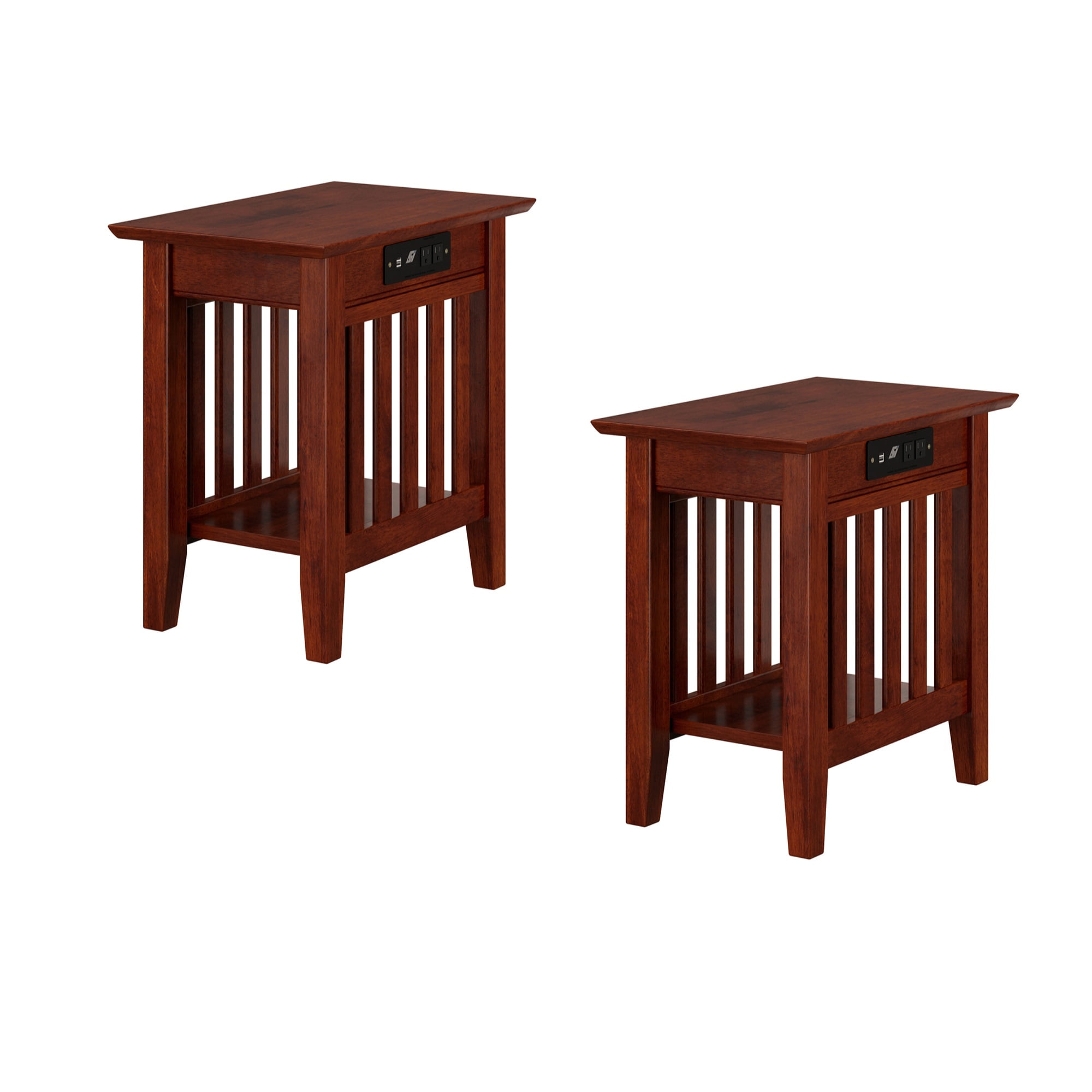 Walnut Brown Solid Hardwood Side Table Set with USB Charger