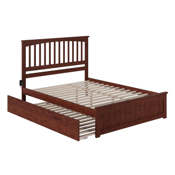 Mission Queen Platform Bed with Matching Footboard & Twin XL Trundle in Walnut