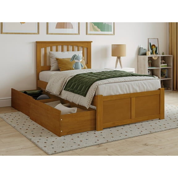 AFI Mission Twin Wood Platform Bed with Footboard and Storage Drawers, Light Toffee