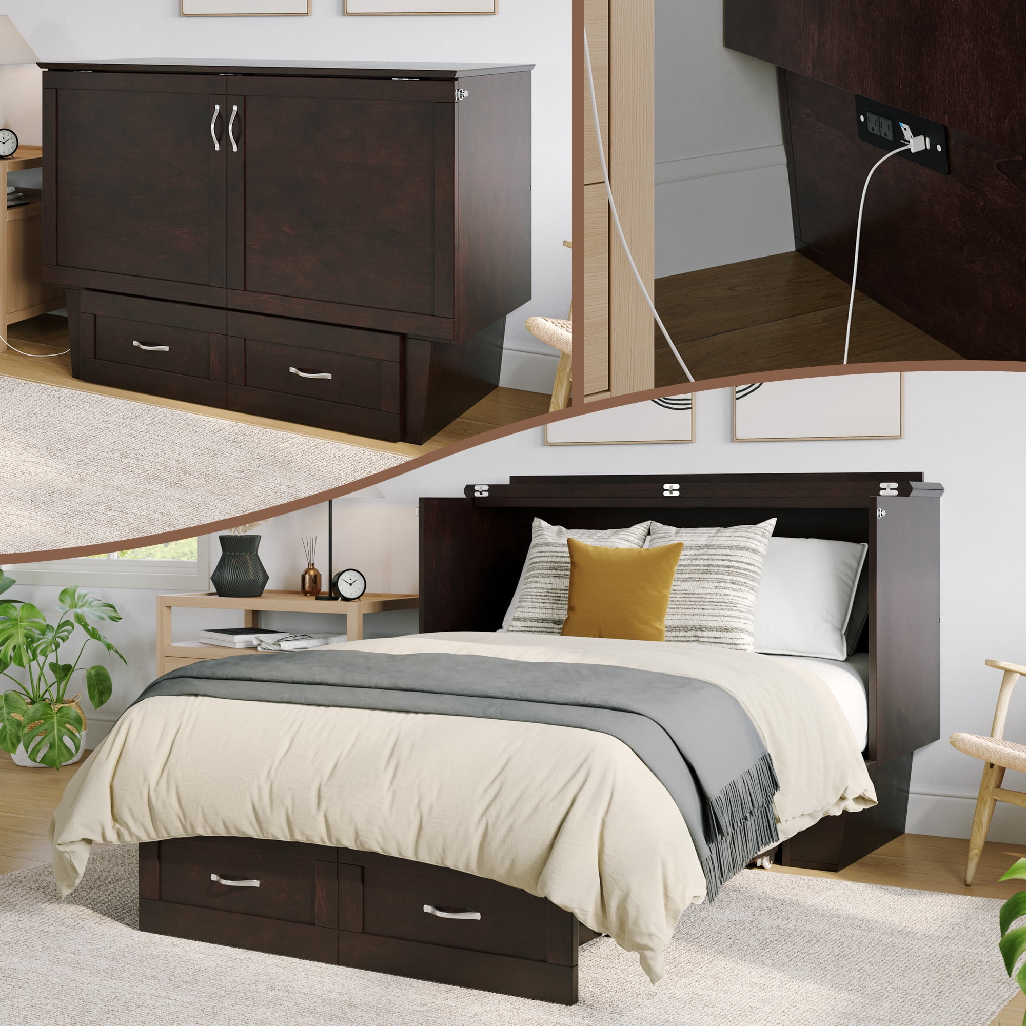 AFI Monroe Full Solid Wood Murphy Bed Chest with Mattress, Drawer and Charger in Espresso