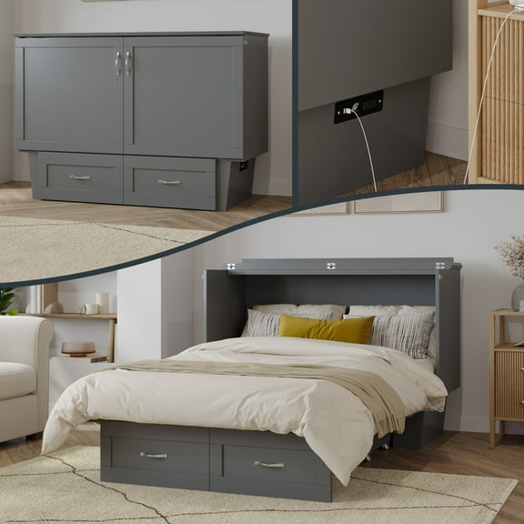 AFI Monroe Full Solid Wood Murphy Bed Chest with 6" Mattress, Drawer & Charger, Grey