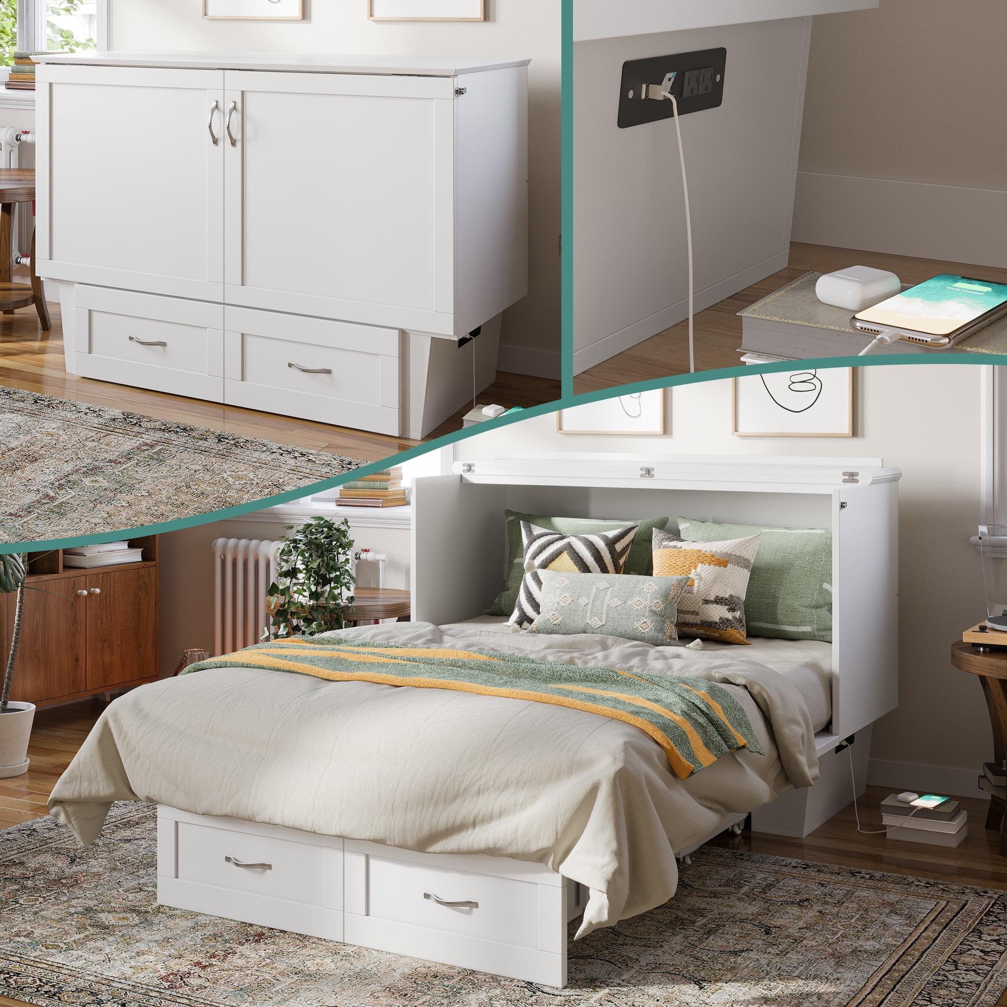AFI Monroe Full Solid Wood Murphy Bed Chest with 6" Mattress, Drawer & Charger, White