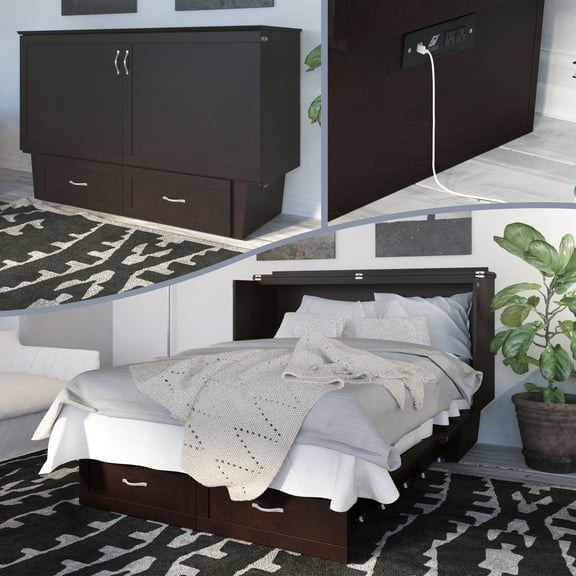 AFI Monroe Queen Solid Wood Murphy Bed Chest with 6" Mattress, Drawer & Charger, Espresso