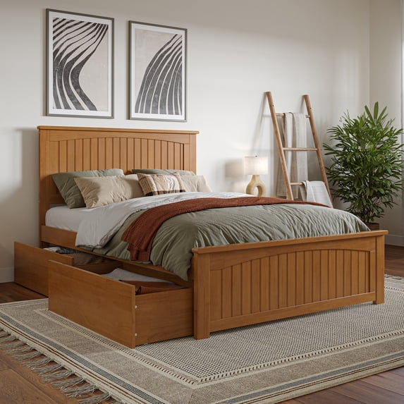 AFI Nantucket Full Platform Bed with Matching Footboard and Storage Drawers, Light Toffee