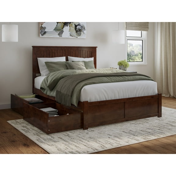 AFI Nantucket Queen Wood Platform Bed with Footboard and Storage Drawers, Walnut