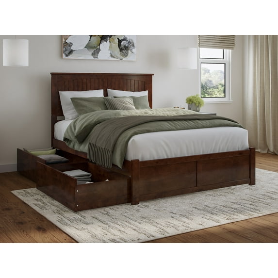 AFI Nantucket Queen Wood Platform Bed with Footboard and Storage Drawers, Walnut