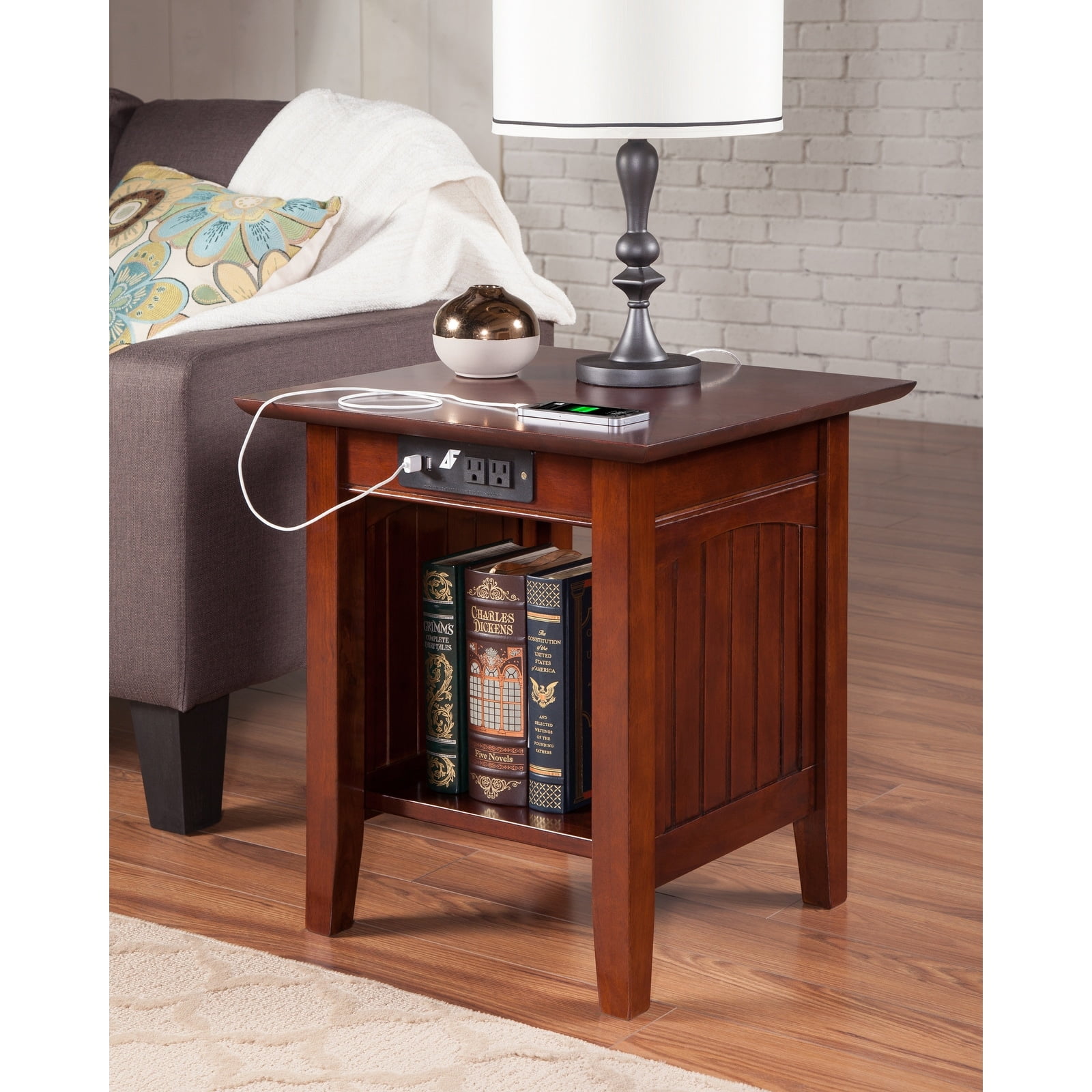 AFI Nantucket Solid Wood End Table with Charging Station Walnut Walnut