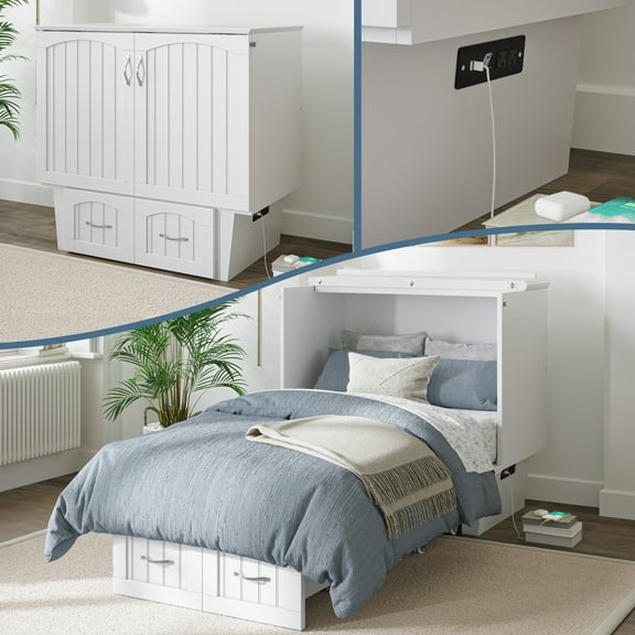 AFI Nantucket Twin Solid Wood Murphy Bed Chest with Mattress, Drawer & Charger in White