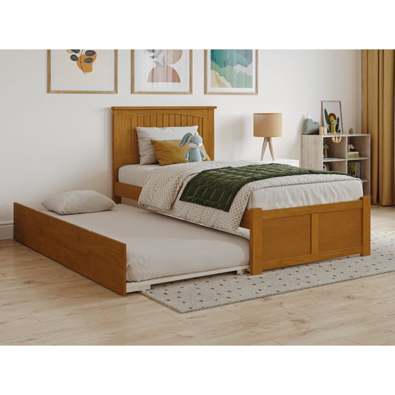 AFI Nantucket Twin Wood Platform Bed with Footboard and Twin Trundle, Light Toffee