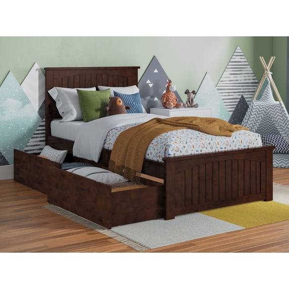AFI Nantucket Twin Wood Platform Bed with Matching Footboard and Storage Drawers, Walnut