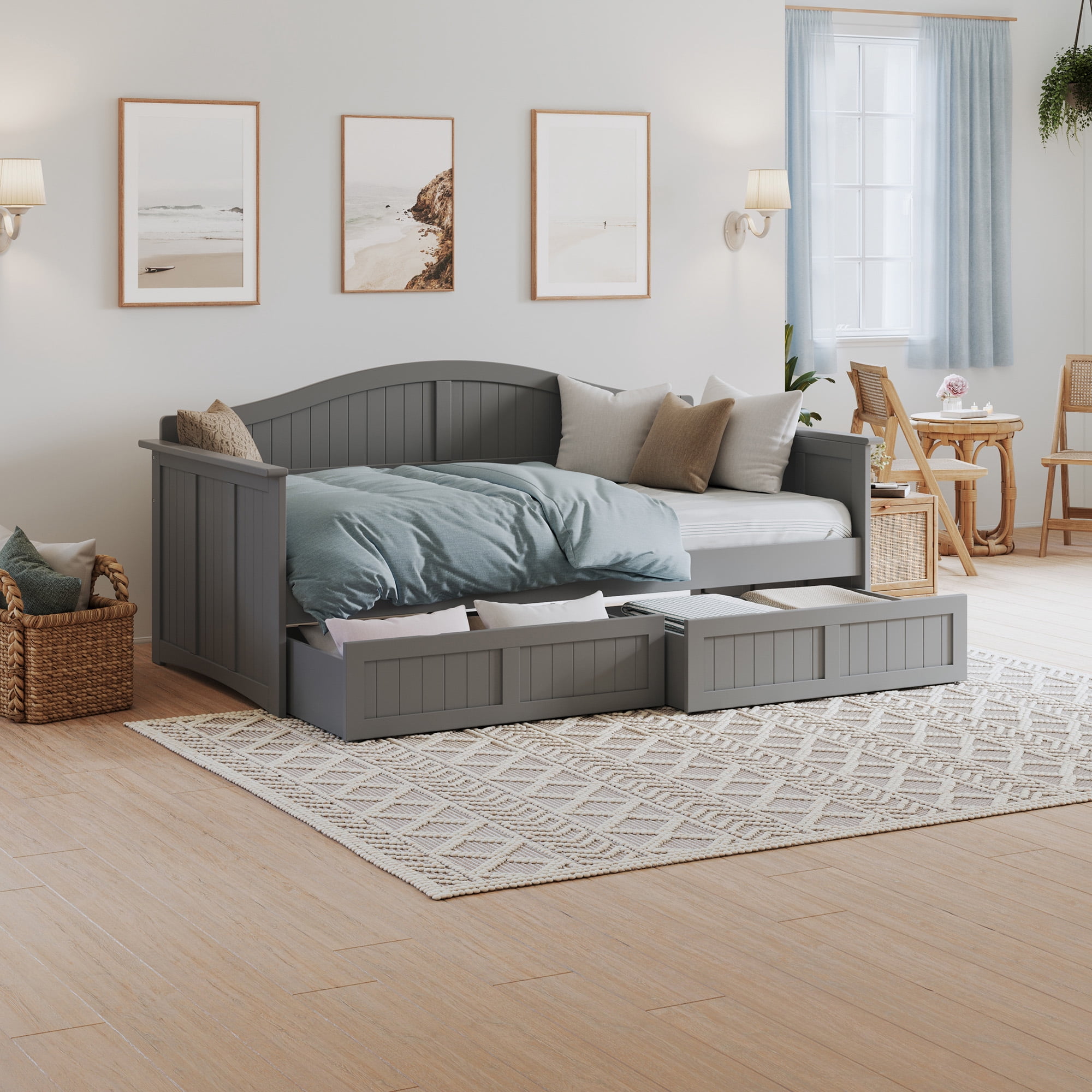 AFI Nantucket Wood Twin Size Daybed Frame with 2 Storage Drawers Grey
