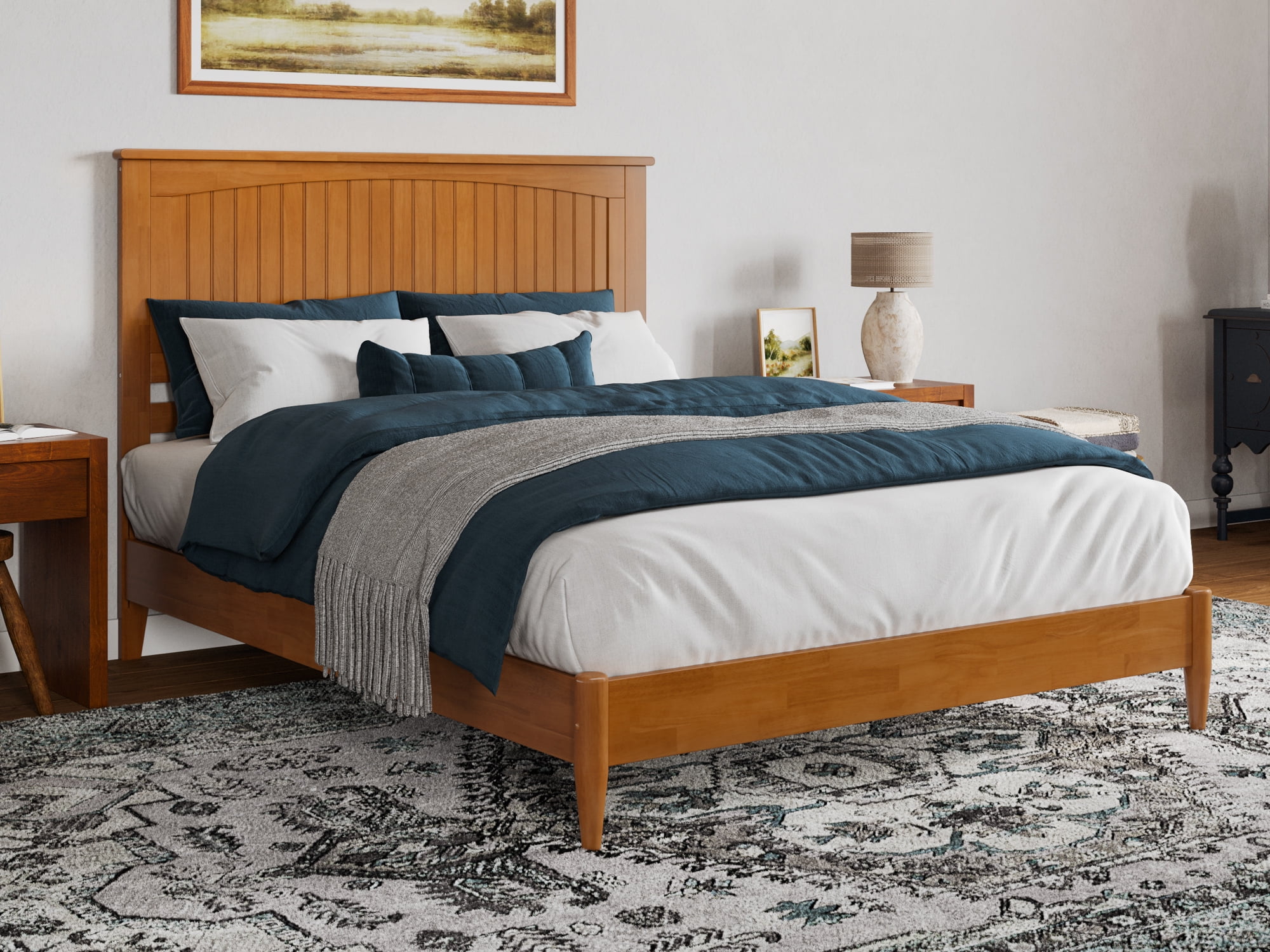 Light Toffee Queen Wood Platform Bed with Headboard and Slats