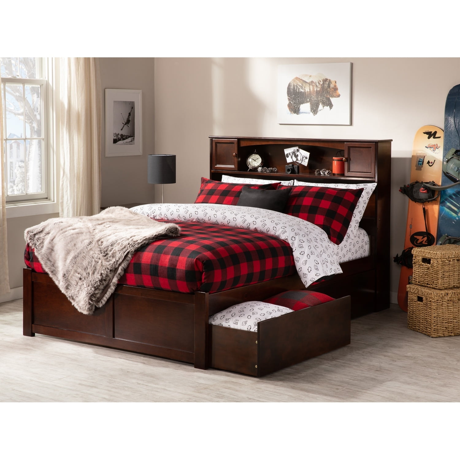 Walnut Full Platform Bed with Bookcase Headboard and Storage Drawers