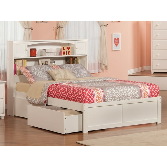 AFI Newport Full Solid Wood Platform Bed with Footboard & 2 Storage Drawers in White