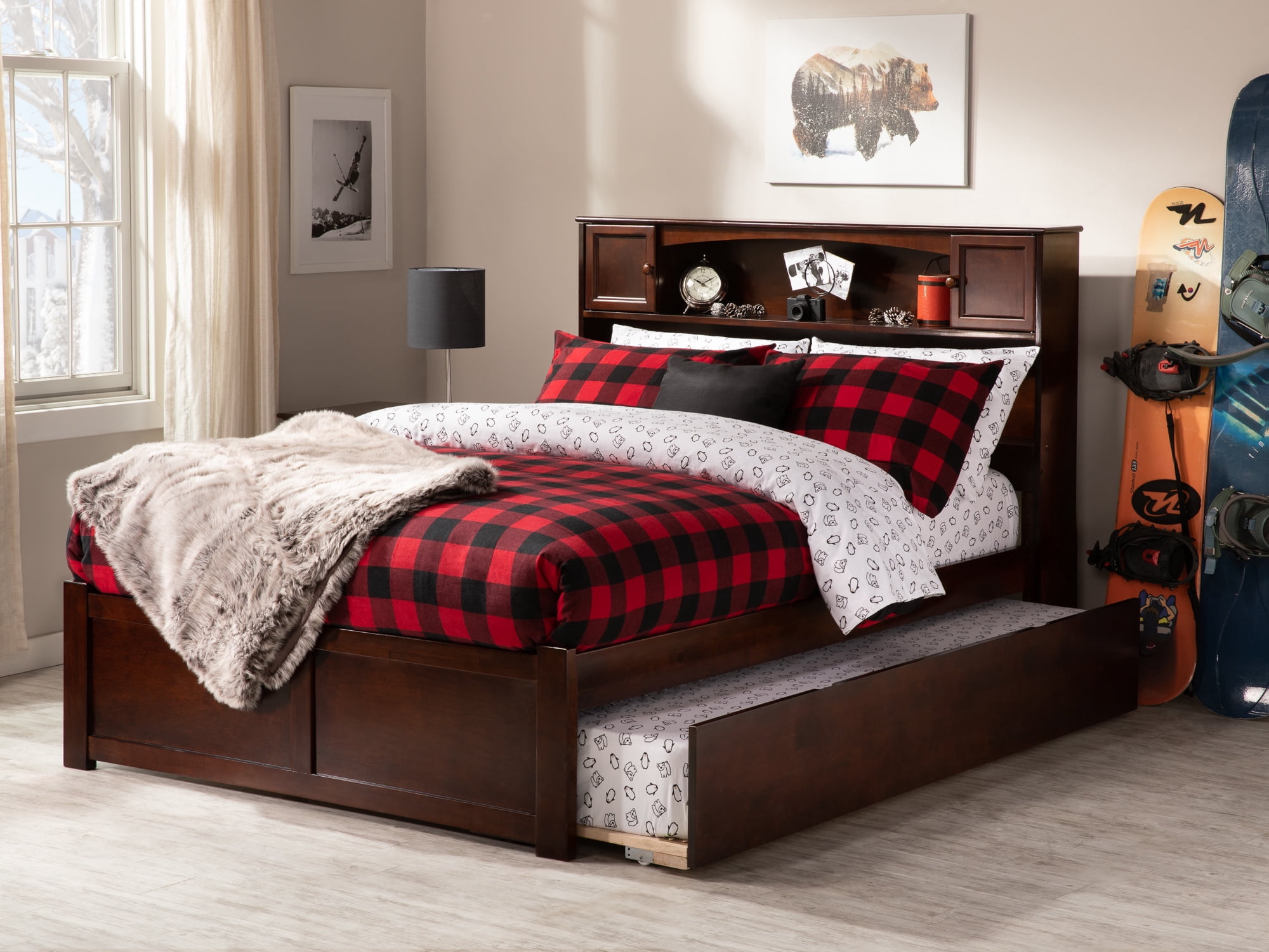 AFI Newport Full Solid Wood Platform Bed with Footboard & Full Trundle in Walnut