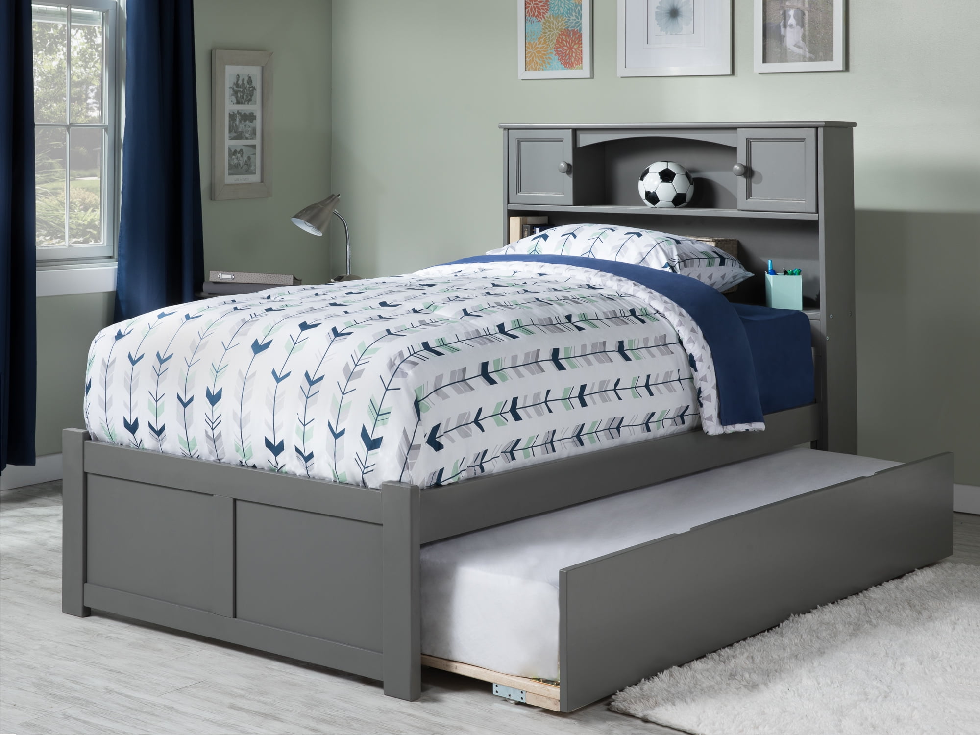 AFI Newport Full Solid Wood Platform Bed with Footboard & Twin Trundle in Grey