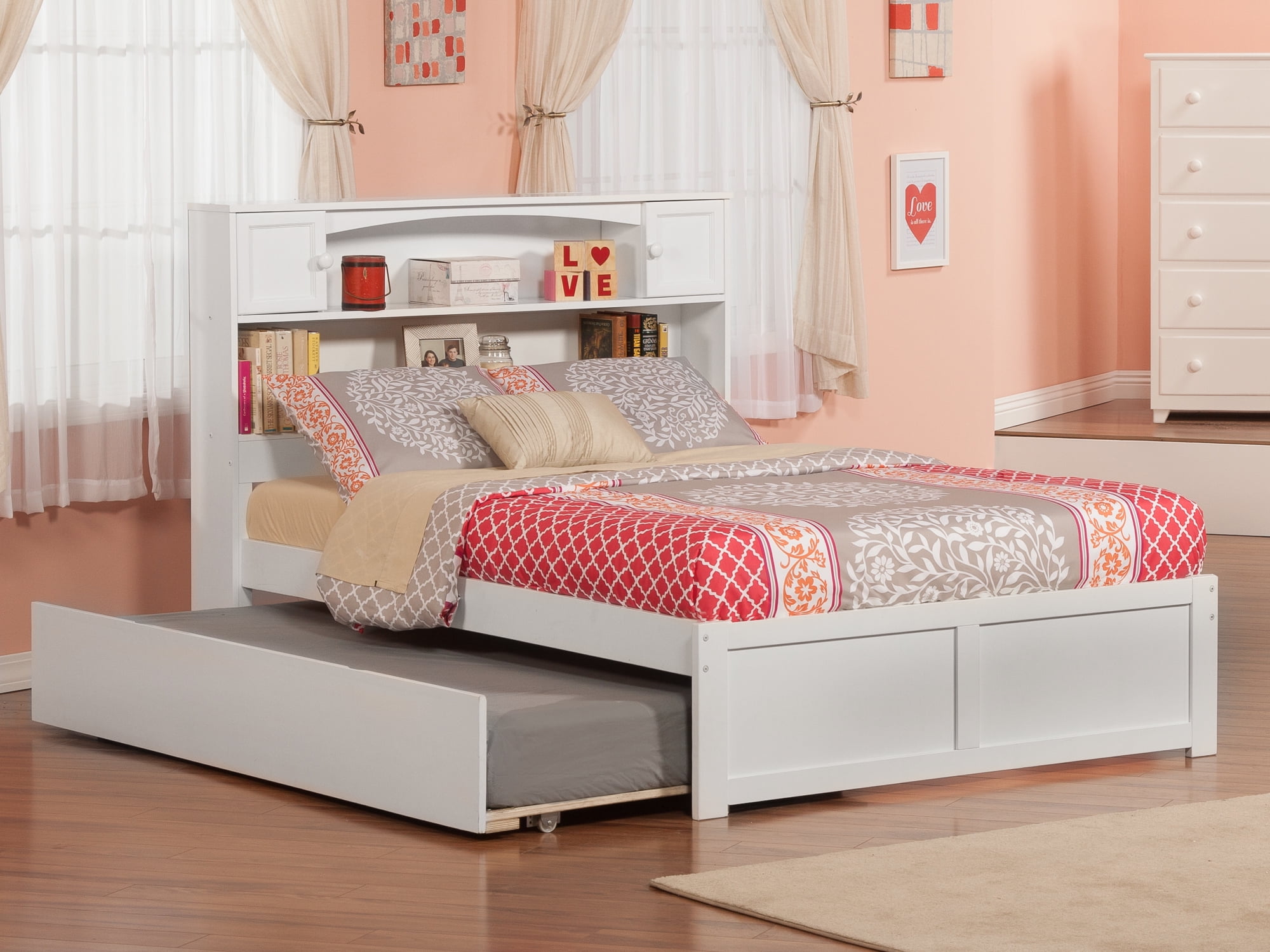 AFI Newport Full Solid Wood Platform Bed with Footboard & Twin Trundle in White