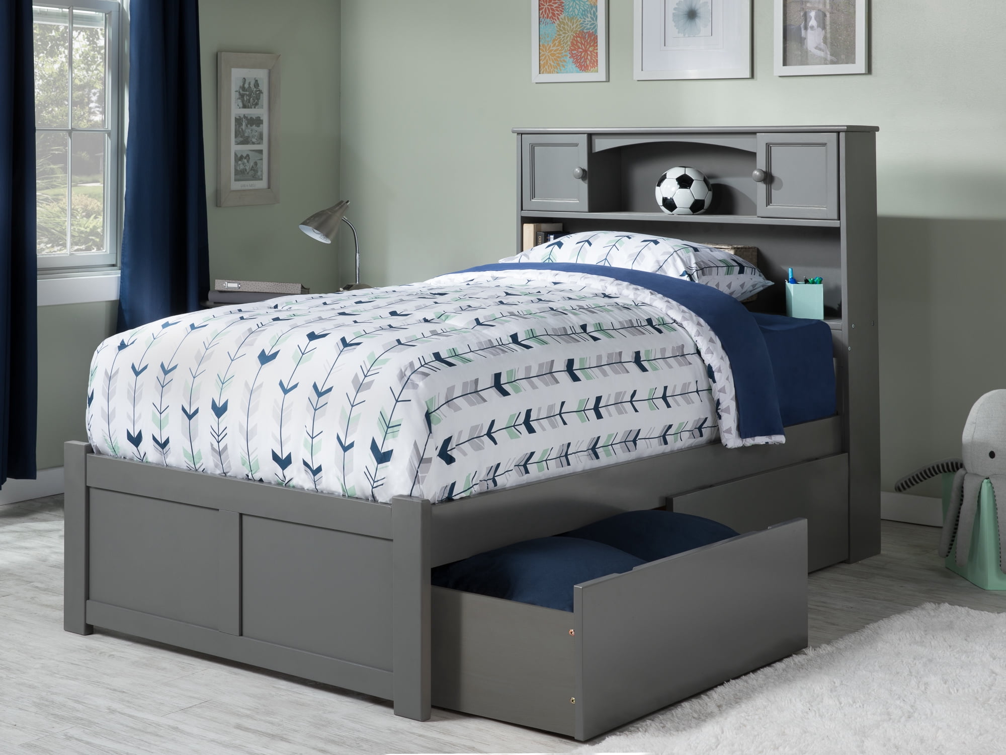 AFI Newport Twin Solid Wood Platform Bed with Footboard & 2 Storage Drawers in Grey