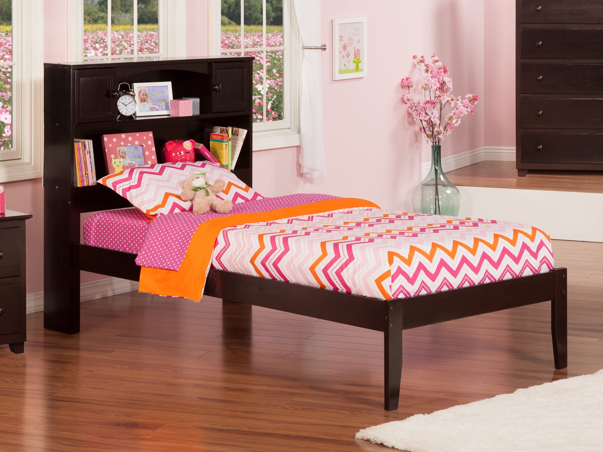 AFI Newport Twin Solid Wood Platform Bed with Storage Headboard in Espresso