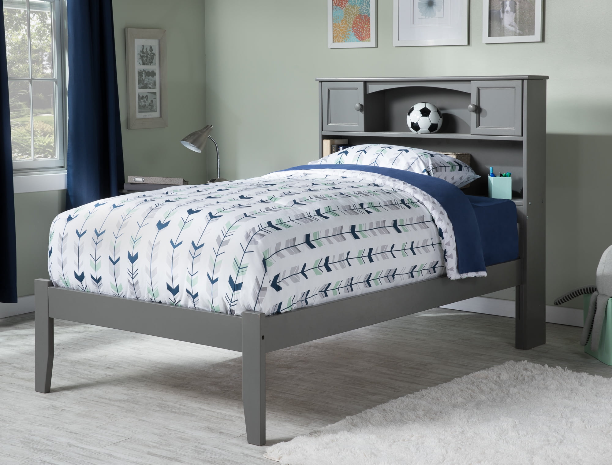 AFI Newport Twin Solid Wood Platform Bed with Storage Headboard, Grey