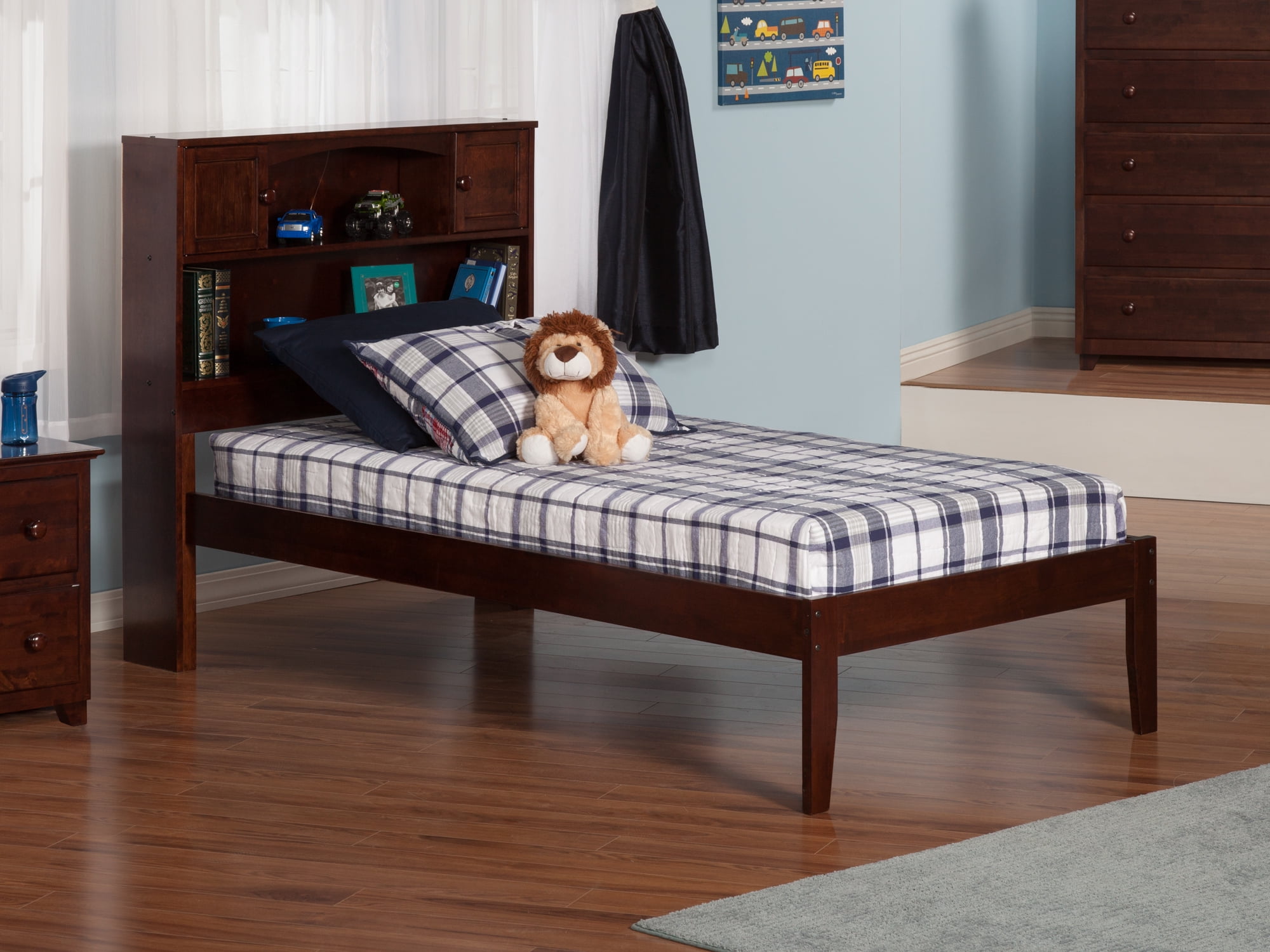 AFI Newport Twin Solid Wood Platform Bed with Storage Headboard, Walnut