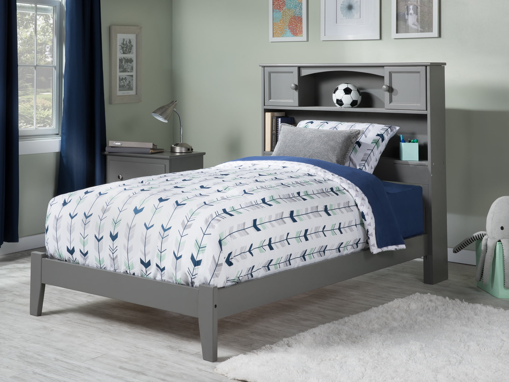 AFI Newport Twin Solid Wood Foundation Bed with Storage Headboard, Grey