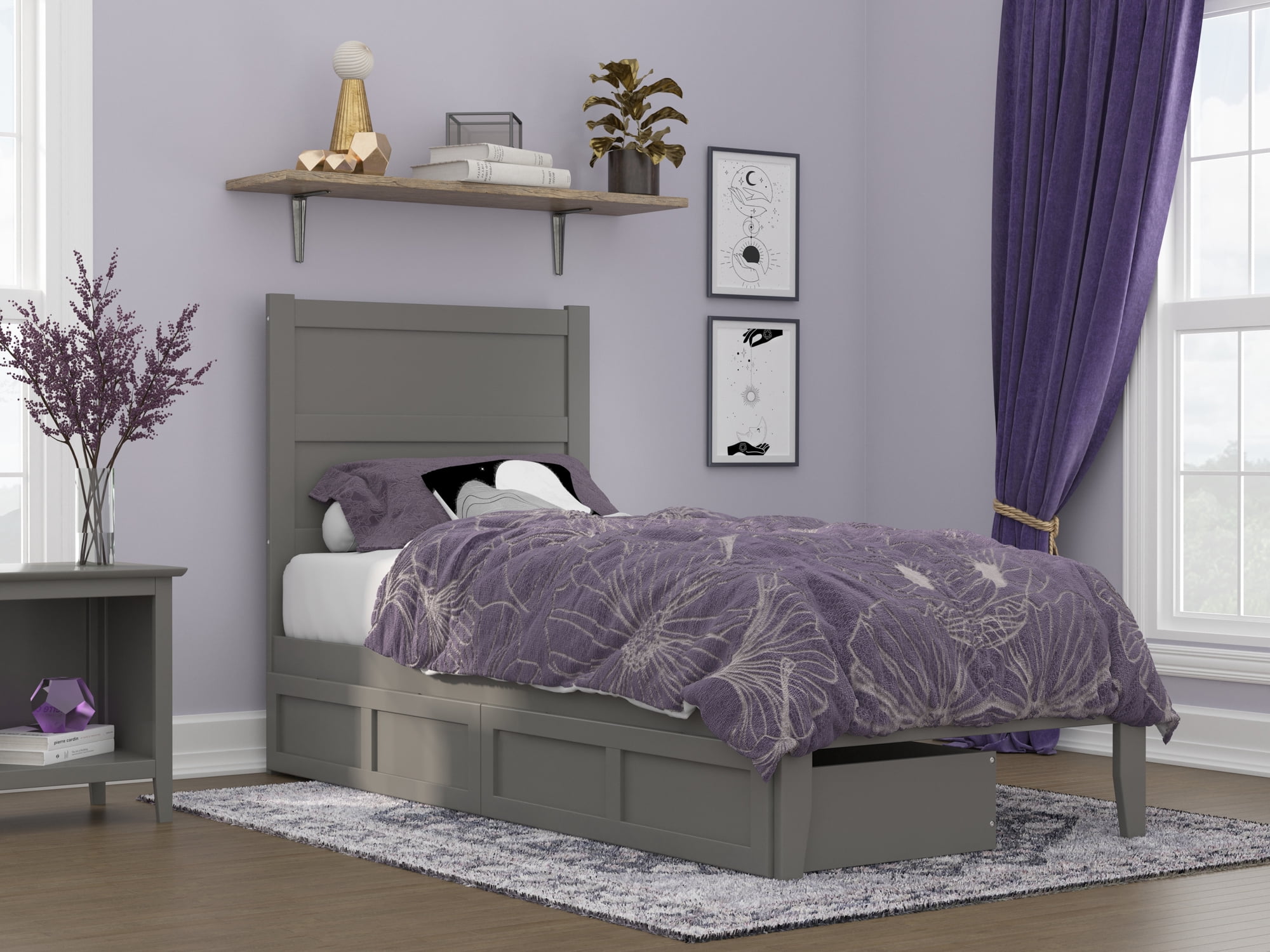 AFI NoHo 14" Twin XL Wood Platform Bed Frame with Set of 2 Storage Drawers, Grey