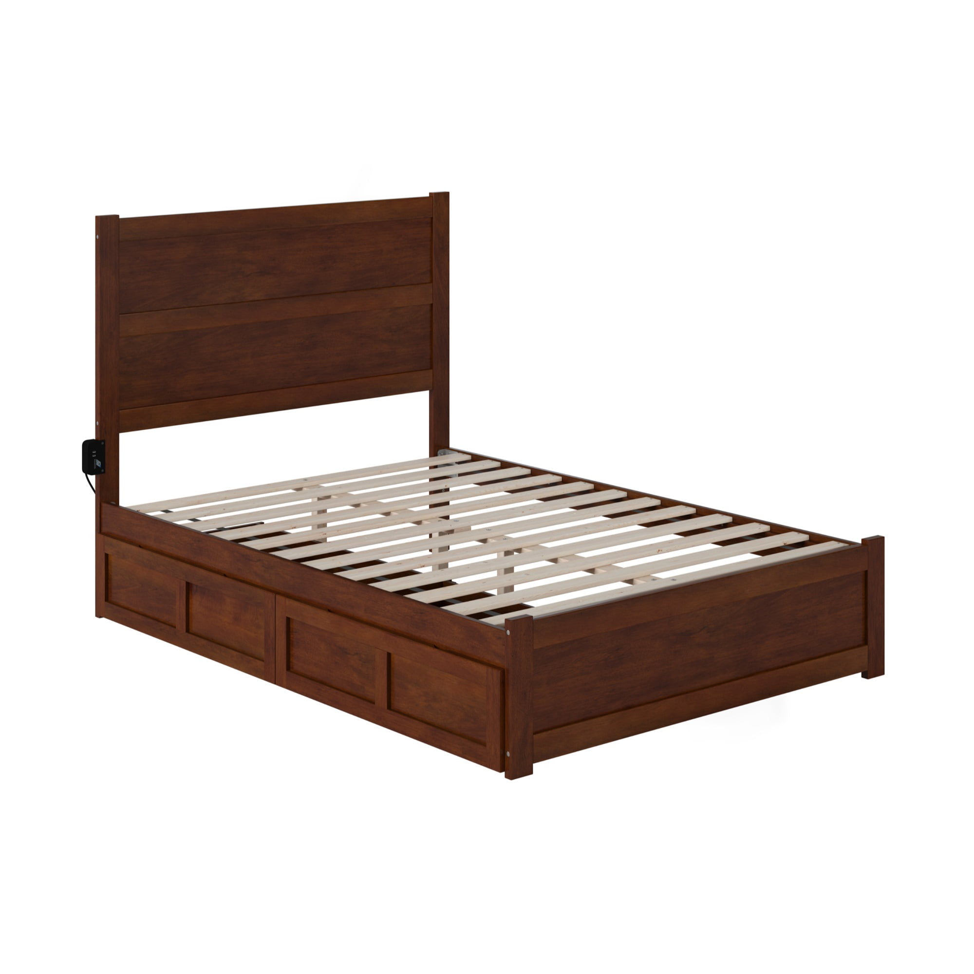 Walnut Full Size Platform Bed with Headboard and Storage Drawers